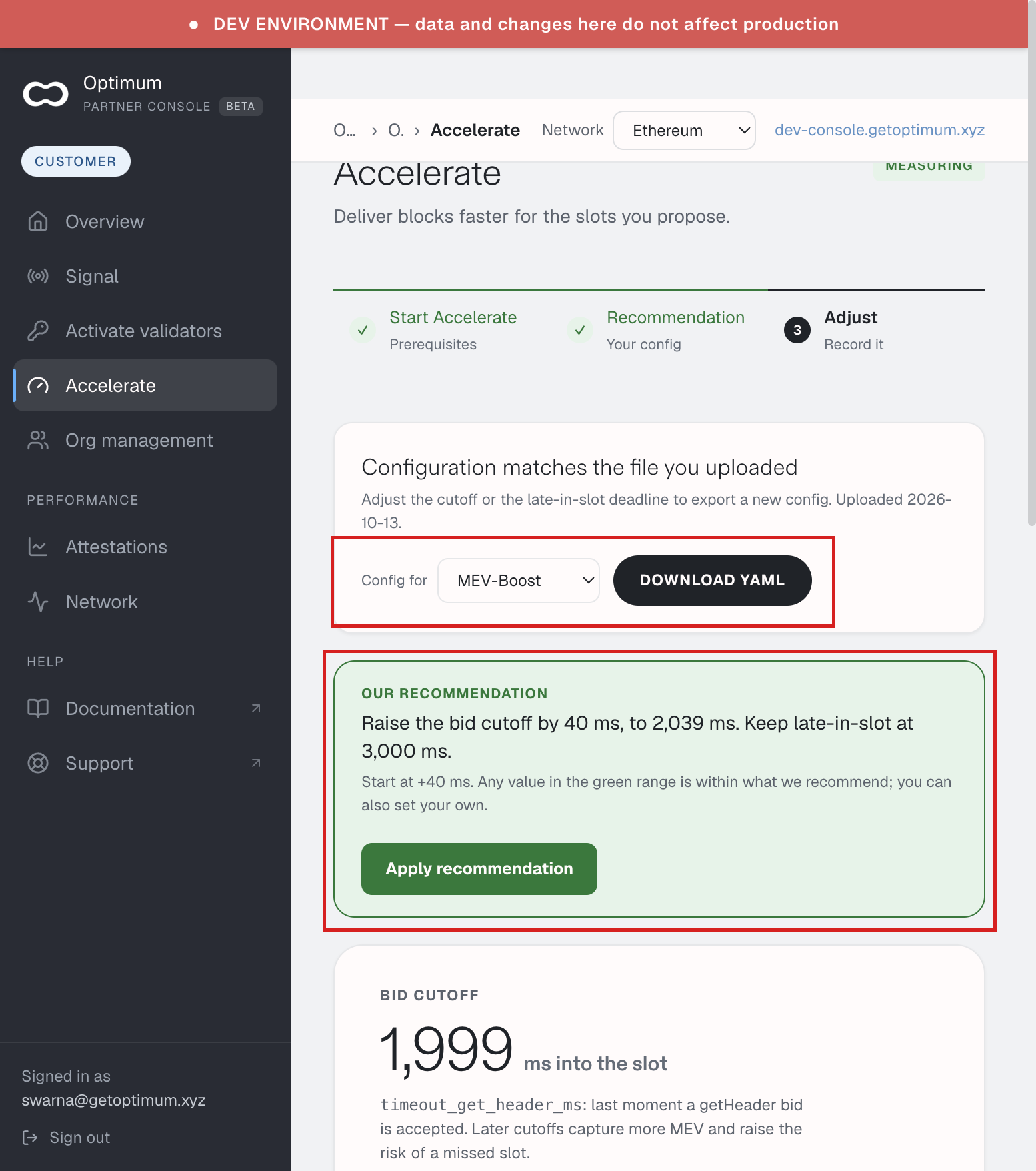 Accelerate, Adjust. Config for, Download YAML, and Our recommendation are marked.
